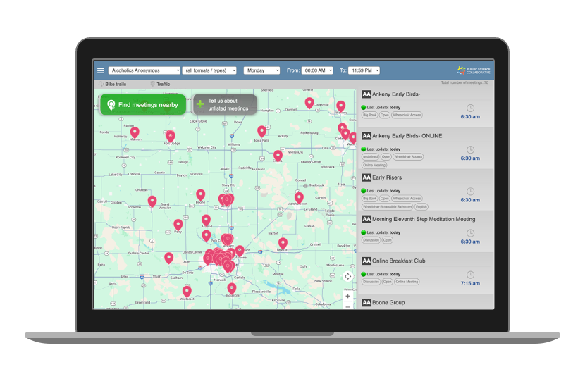 Desktop view of Recovery Iowa meetings finder