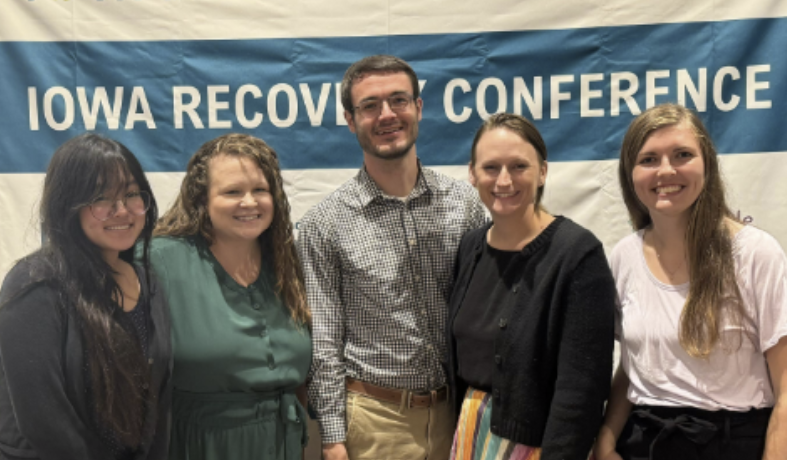 PSC Staff at the Iowa Recovery Conference. Starting from left to right: Elizabeth Phan, Mackenzie Johnson, Matthew Voss, Kelsey Van Selous, and Anne Hlavacek