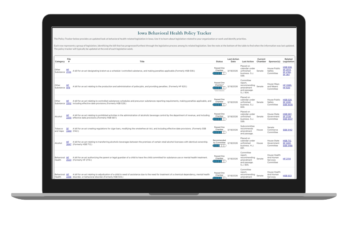 Iowa Behavioral Health Policy Tracker screen capture