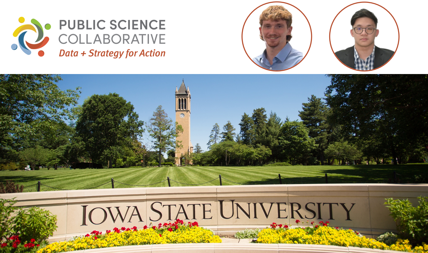 Logan and Alister's headshots overlaid on an Iowa State University campus scene
